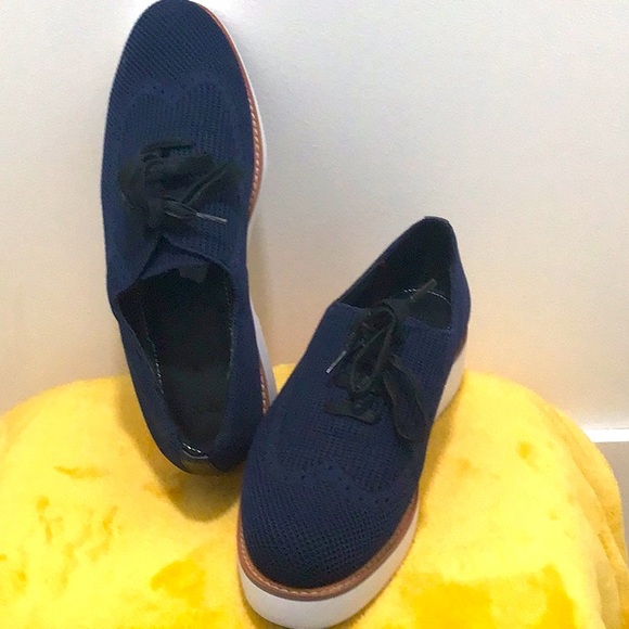 EUC. ZARA Fabric Platform Lace up Sneakers Navy Blue - Picture 1 of 15